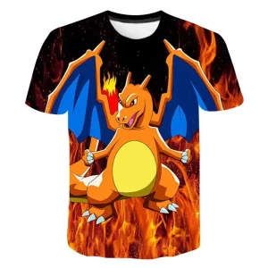 T-shirt Logo 3D Pokemon Dracaufeu dans le feu