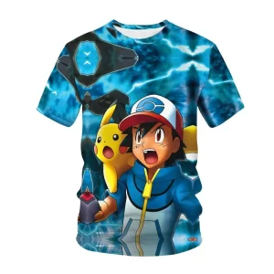 T-shirt Cartoon Pokemon Enfant Sacha et Pikachu Bleu