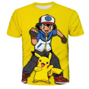 T-shirt Cartoon Pokemon Enfant Sacha et Pika Content